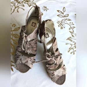 Anne Klein Womens Sz 7 Akornella SnakeSkin Leather Gladiator OpenToe LaceUp Heel